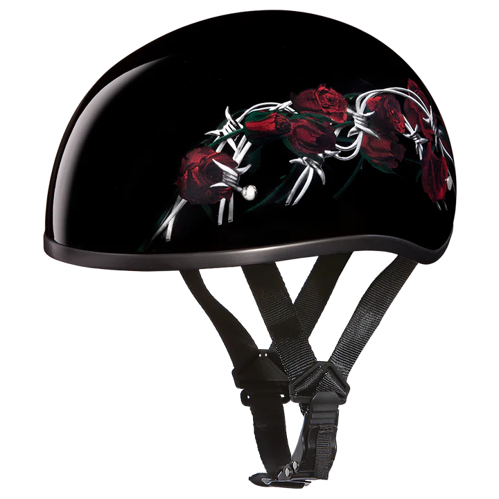 D6-BRO DOT Approved Daytona Motorcycle Half Face Helmet - Skull Cap Graphics for Men & Women, Scooters, ATVs, UTVs & Choppers - W/ Barbed Roses