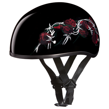 D6-BRO DOT Approved Daytona Motorcycle Half Face Helmet - Skull Cap Graphics for Men & Women, Scooters, ATVs, UTVs & Choppers - W/ Barbed Roses