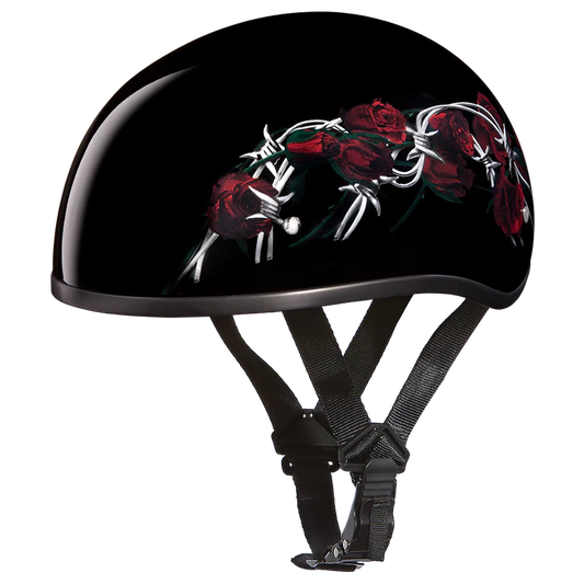 D6-BRO DOT Approved Daytona Motorcycle Half Face Helmet - Skull Cap Graphics for Men & Women, Scooters, ATVs, UTVs & Choppers - W/ Barbed Roses