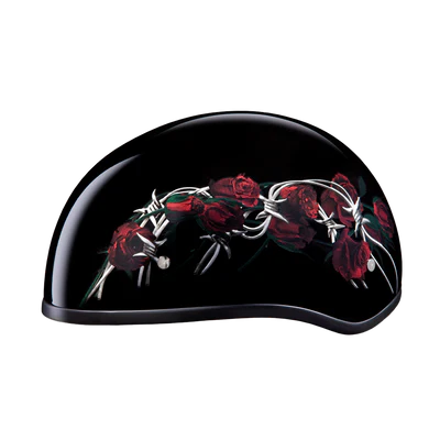 D6-BRO DOT Approved Daytona Motorcycle Half Face Helmet - Skull Cap Graphics for Men & Women, Scooters, ATVs, UTVs & Choppers - W/ Barbed Roses