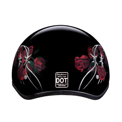 D6-BRO DOT Approved Daytona Motorcycle Half Face Helmet - Skull Cap Graphics for Men & Women, Scooters, ATVs, UTVs & Choppers - W/ Barbed Roses