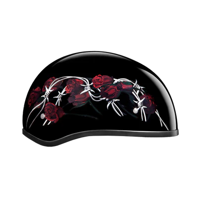 D6-BRO DOT Approved Daytona Motorcycle Half Face Helmet - Skull Cap Graphics for Men & Women, Scooters, ATVs, UTVs & Choppers - W/ Barbed Roses