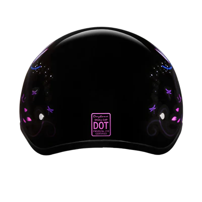 D6-DF DOT Approved Daytona Motorcycle Half Face Helmet - Skull Cap Graphics for Men & Women, Scooters, ATVs, UTVs & Choppers - W/ Dragonfly