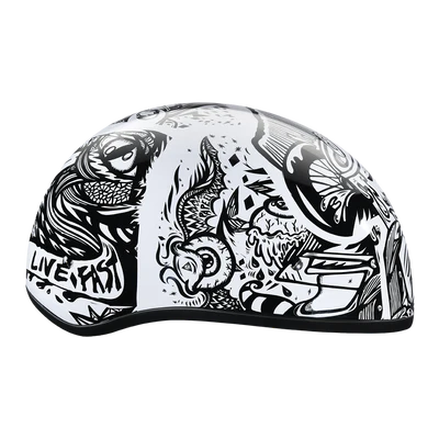 D6-LF DOT Approved Daytona Motorcycle Half Face Helmet - Skull Cap Graphics for Men & Women, Scooters, ATVs, UTVs & Choppers - W/ Live Fast