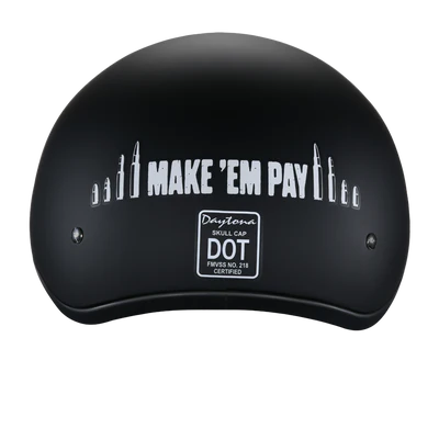 D6-MP DOT Approved Daytona Motorcycle Half Face Helmet - Skull Cap Graphics for Men & Women, Scooters, ATVs, UTVs & Choppers - W/ Make 'Em Pay