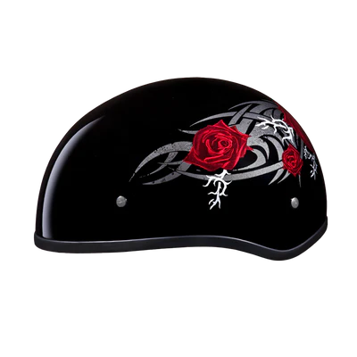 D6-R DOT Approved Daytona Motorcycle Half Face Helmet - Skull Cap Graphics for Men & Women, Scooters, ATVs, UTVs & Choppers - W/ Rose