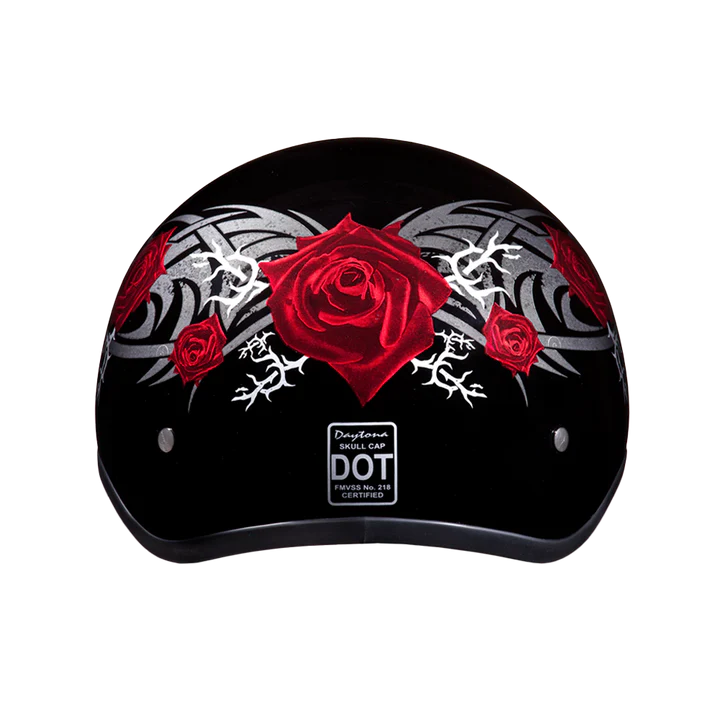 D6-R DOT Approved Daytona Motorcycle Half Face Helmet - Skull Cap Graphics for Men & Women, Scooters, ATVs, UTVs & Choppers - W/ Rose