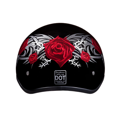 D6-R DOT Approved Daytona Motorcycle Half Face Helmet - Skull Cap Graphics for Men & Women, Scooters, ATVs, UTVs & Choppers - W/ Rose