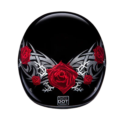 D6-R DOT Approved Daytona Motorcycle Half Face Helmet - Skull Cap Graphics for Men & Women, Scooters, ATVs, UTVs & Choppers - W/ Rose