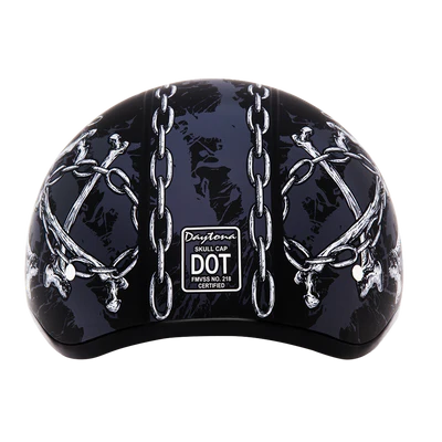 D6-SC DOT Approved Daytona Motorcycle Half Face Helmet - Skull Cap Graphics for Men & Women, Scooters, ATVs, UTVs & Choppers - W/ Skull Chains