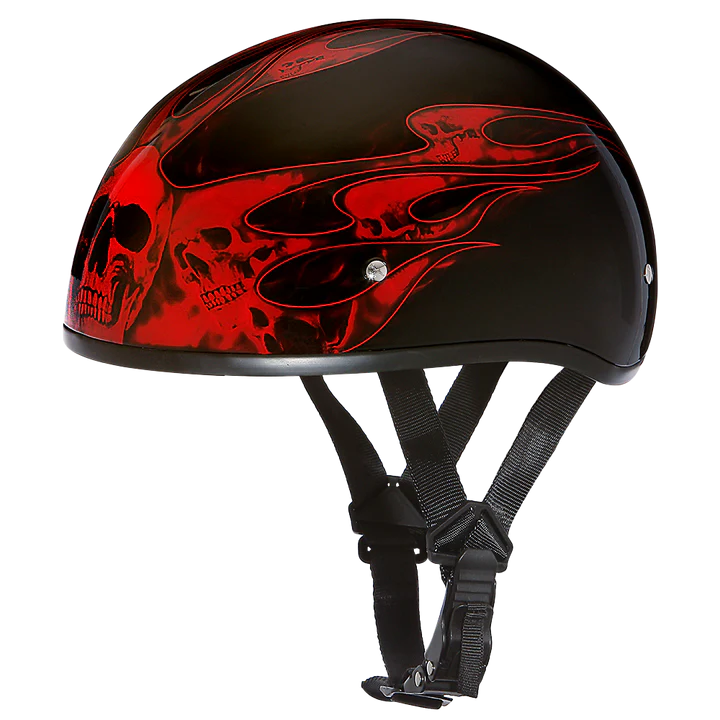 D6-SFR DOT Approved Daytona Motorcycle Half Face Helmet - Skull Cap Graphics for Men & Women, Scooters, ATVs, UTVs & Choppers - W/ Skull Flames Red