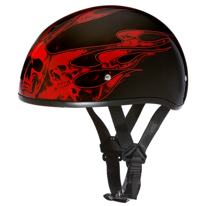 D6-SFR DOT Approved Daytona Motorcycle Half Face Helmet - Skull Cap Graphics for Men & Women, Scooters, ATVs, UTVs & Choppers - W/ Skull Flames Red