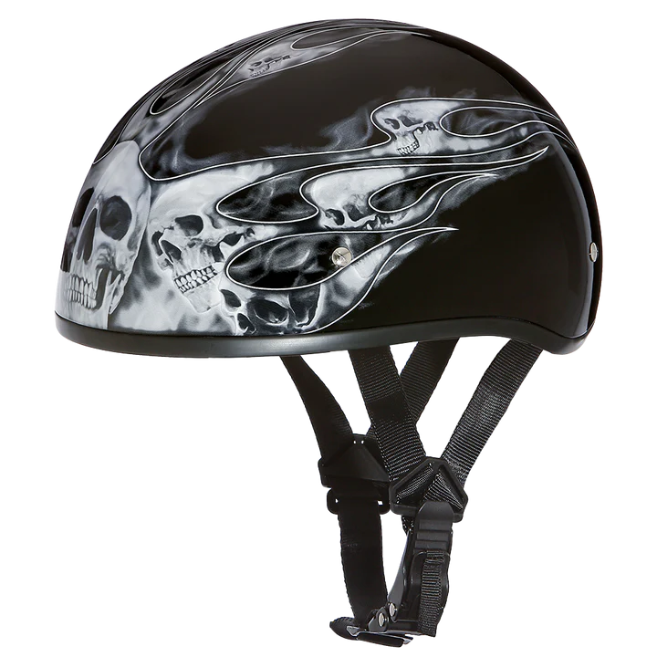 D6-SFS DOT Approved Daytona Motorcycle Half Face Helmet - Skull Cap Graphics for Men & Women, Scooters, ATVs, UTVs & Choppers - W/ Skull Flames Silver