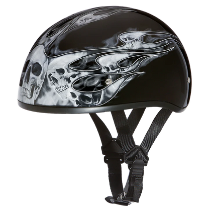 D6-SFS DOT Approved Daytona Motorcycle Half Face Helmet - Skull Cap Graphics for Men & Women, Scooters, ATVs, UTVs & Choppers - W/ Skull Flames Silver