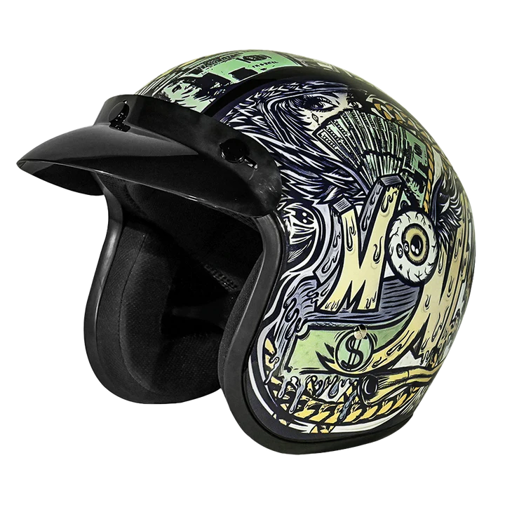 DC6-M DOT Approved Daytona Cruiser Open Face Motorcycle Helmet - Men, Women & Youth - With Visor & Graphics - W/ Money