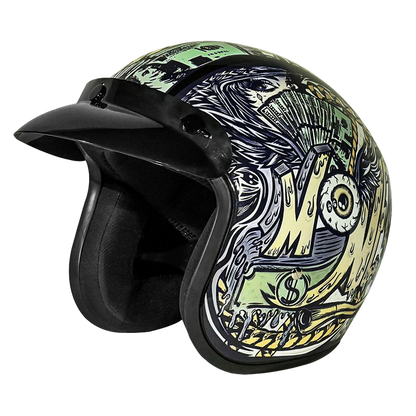 DC6-M DOT Approved Daytona Cruiser Open Face Motorcycle Helmet - Men, Women & Youth - With Visor & Graphics - W/ Money