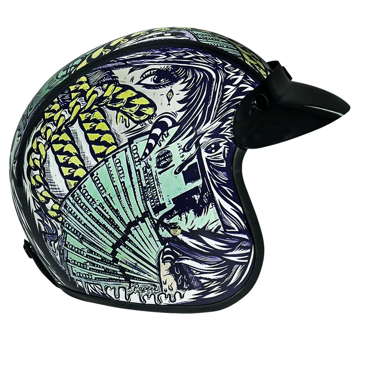 DC6-M DOT Approved Daytona Cruiser Open Face Motorcycle Helmet - Men, Women & Youth - With Visor & Graphics - W/ Money