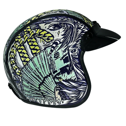 DC6-M DOT Approved Daytona Cruiser Open Face Motorcycle Helmet - Men, Women & Youth - With Visor & Graphics - W/ Money