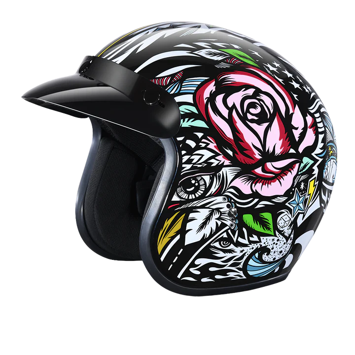 DC6-T DOT Approved Daytona Cruiser Open Face Motorcycle Helmet - Men, Women & Youth - With Visor & Graphics - W/ Tribal