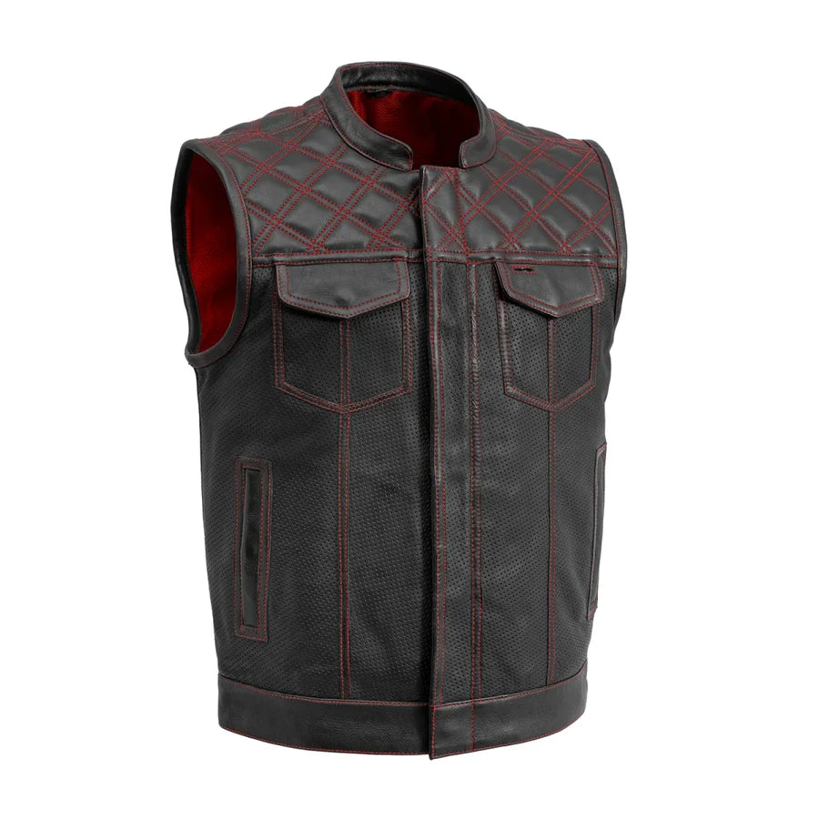 FIM693PERF-BLKRD-Downside Perforated Men's Motorcycle Leather Vest