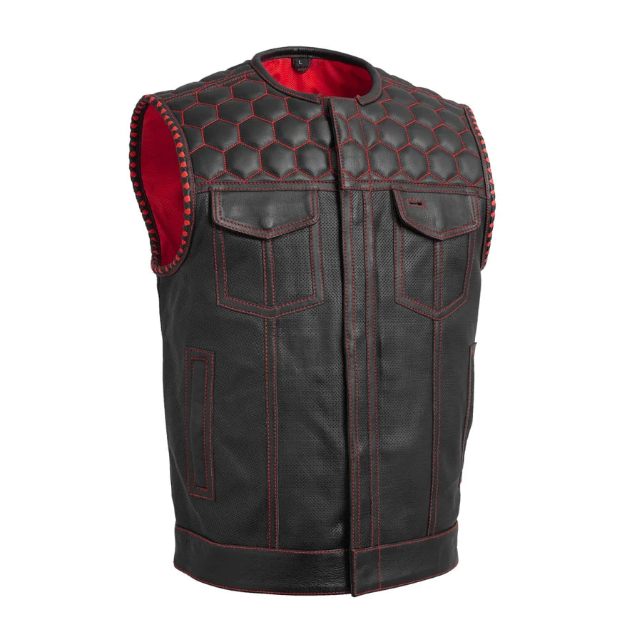 FIM049PERF-BLKRD-Hornet Perforated Men's Club Style Leather Vest