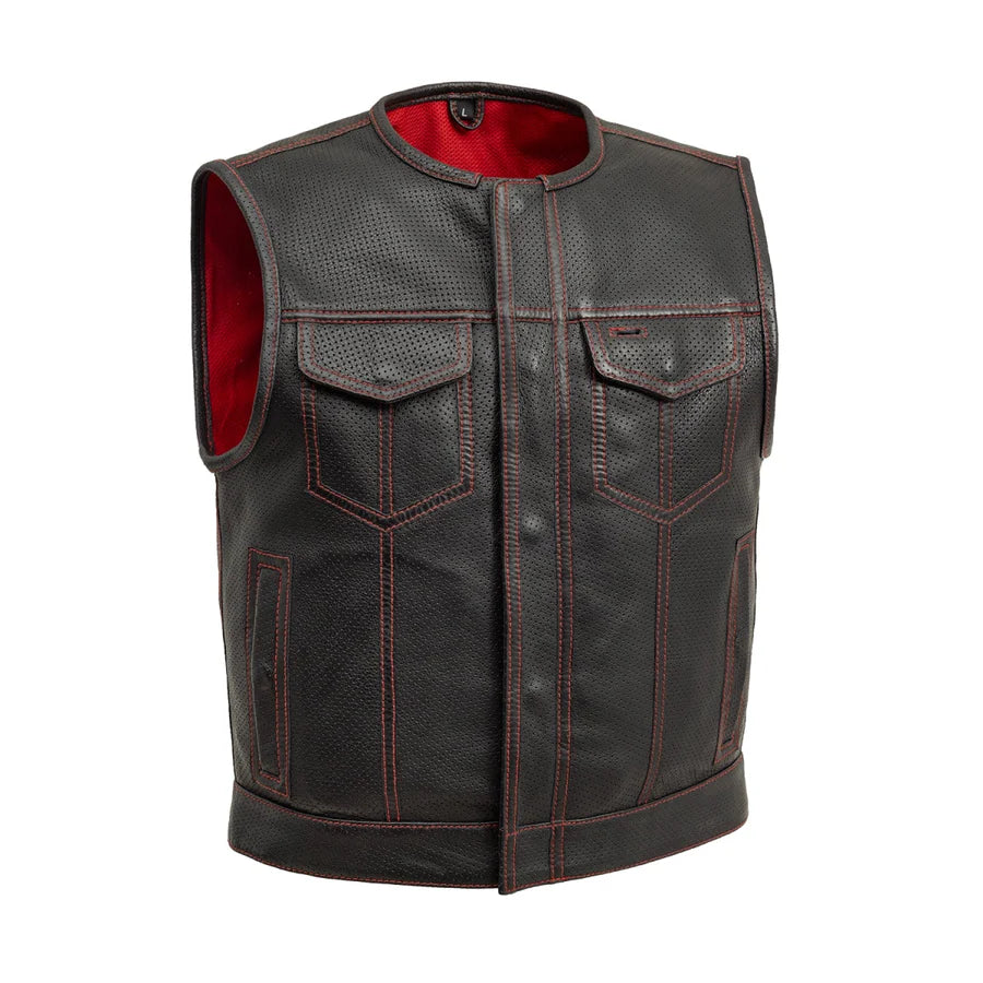 FIM659PERF-BLKRD-Lowside Men's Perforated Motorcycle Leather Vest