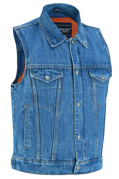 DM979BU Snap/Zipper Front Denim Vest- Blue