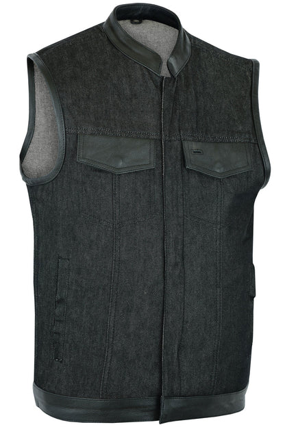 DM962 Men's Rough Rub-Off Raw Finish Denim Vest W/Leather Trim - Scoop Collar