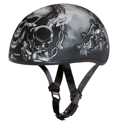 D6-G DOT Approved Daytona Motorcycle Half Face Helmet - Skull Cap Graphics for Men & Women, Scooters, ATVs, UTVs & Choppers - W/ Guns