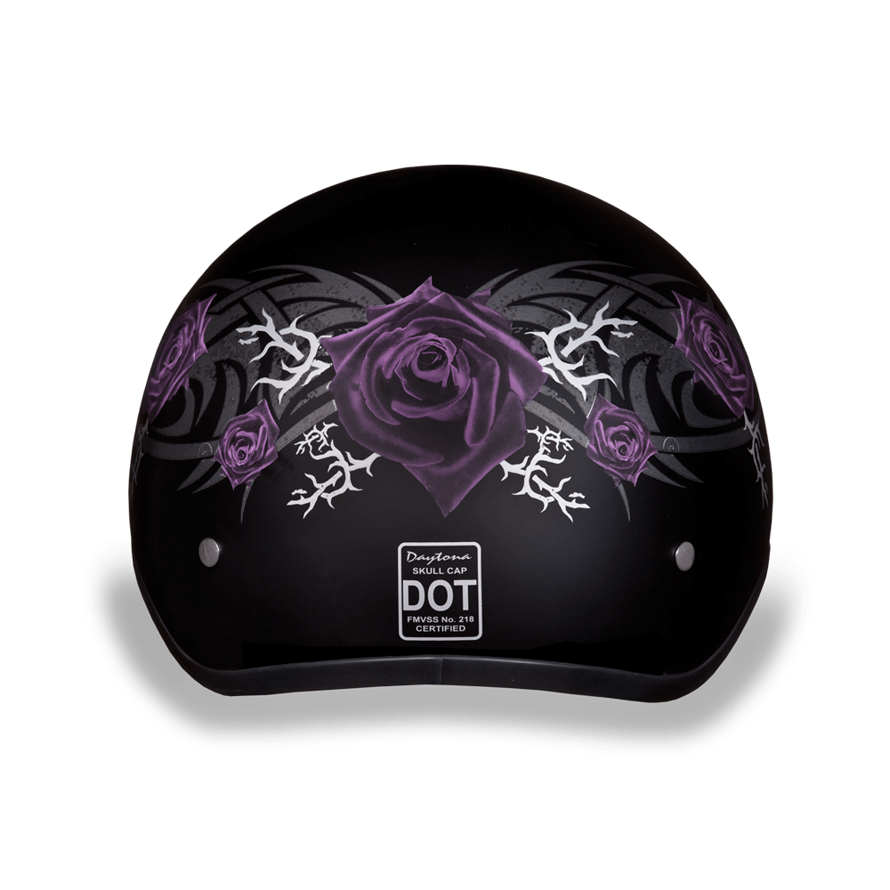 D6-PR DOT Approved Daytona Motorcycle Half Face Helmet - Skull Cap Graphics for Men & Women, Scooters, ATVs, UTVs & Choppers - W/ Purple Rose