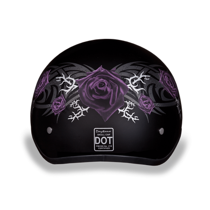 D6-PR DOT Approved Daytona Motorcycle Half Face Helmet - Skull Cap Graphics for Men & Women, Scooters, ATVs, UTVs & Choppers - W/ Purple Rose