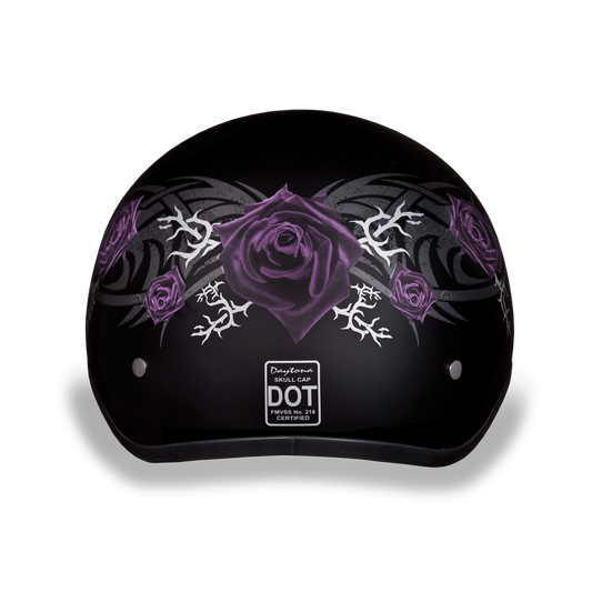 D6-PR DOT Approved Daytona Motorcycle Half Face Helmet - Skull Cap Graphics for Men & Women, Scooters, ATVs, UTVs & Choppers - W/ Purple Rose