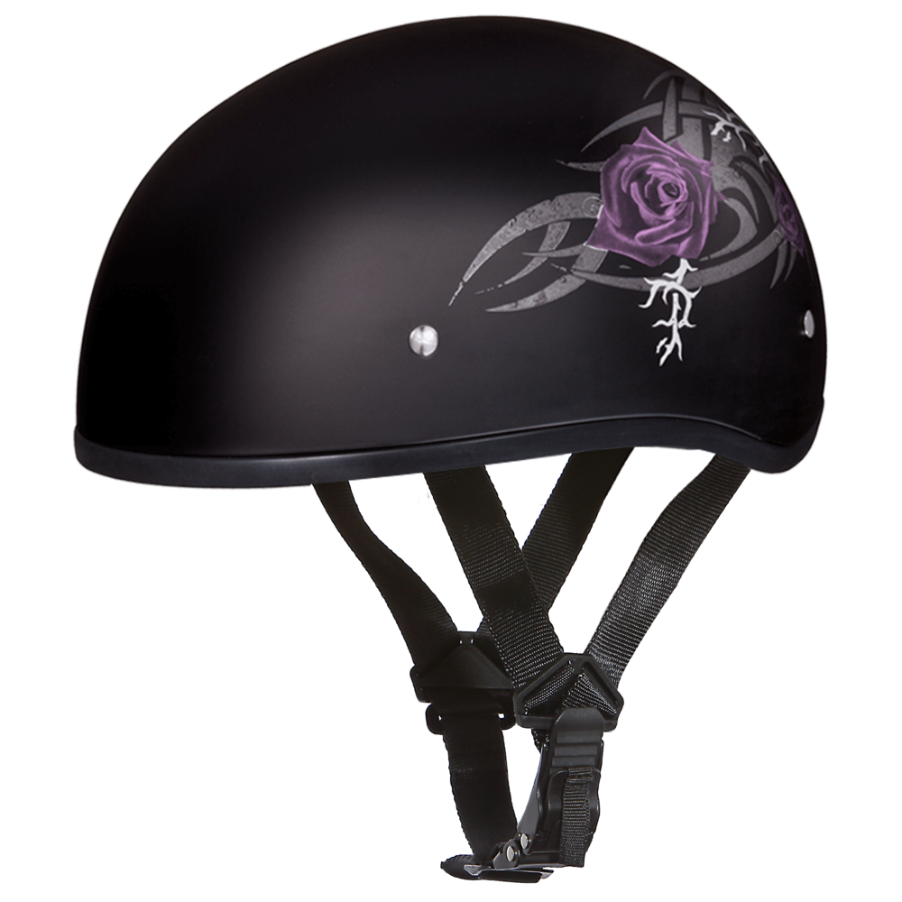 D6-PR DOT Approved Daytona Motorcycle Half Face Helmet - Skull Cap Graphics for Men & Women, Scooters, ATVs, UTVs & Choppers - W/ Purple Rose