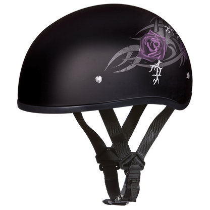 D6-PR DOT Approved Daytona Motorcycle Half Face Helmet - Skull Cap Graphics for Men & Women, Scooters, ATVs, UTVs & Choppers - W/ Purple Rose