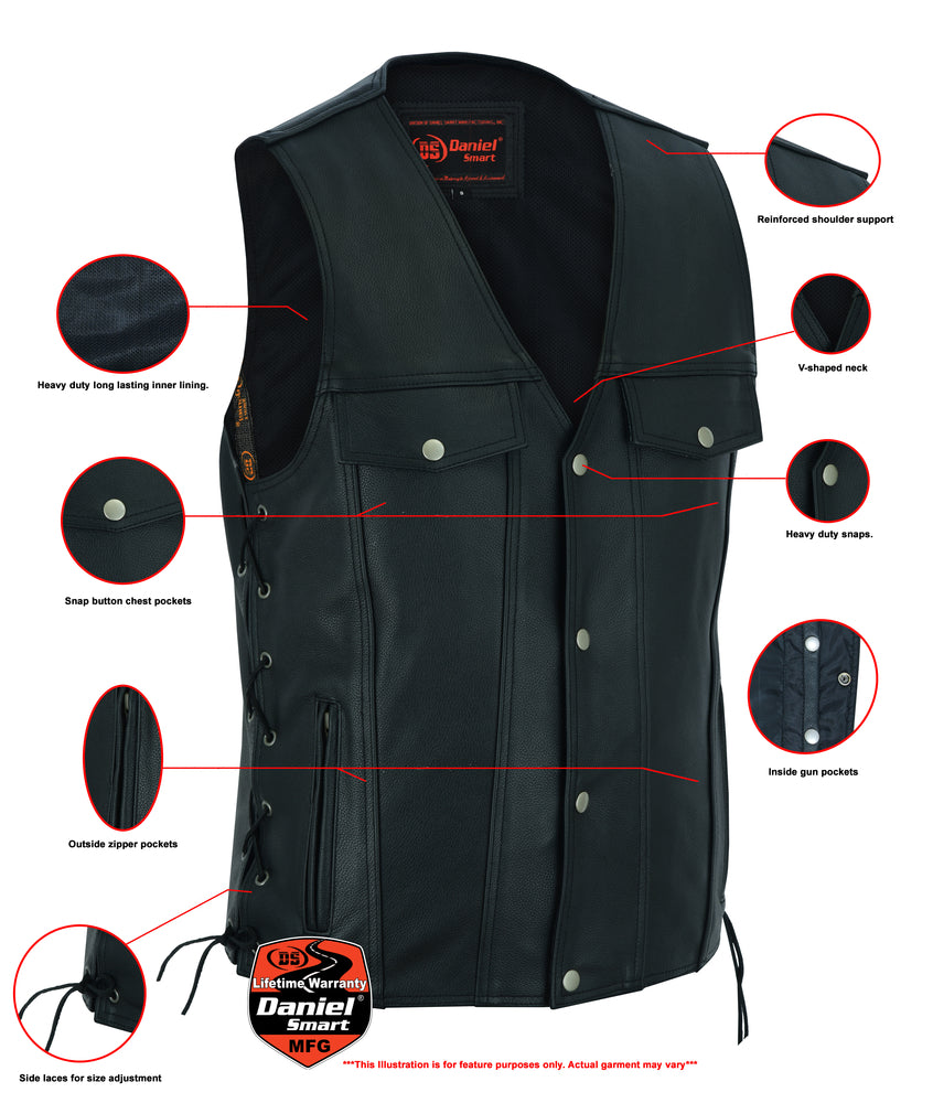 DS124 Men's Black Leather Vest with Side Laces and Gun Pockets