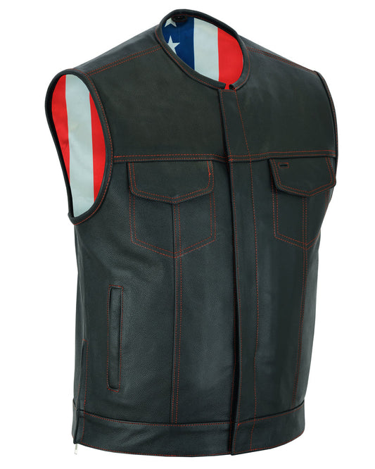 DS155 Men's Leather Vest with Red Stitching and USA Inside Flag Lining