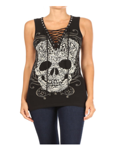 2225 BLACK Baroque Skull Graphic Tank Top