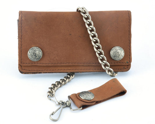 BWC231 Buffalo Nickel Snap Brown Leather Long Bi-Fold Biker Wallet