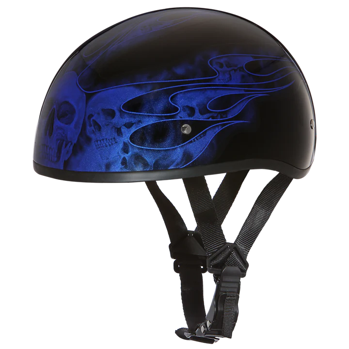 D6-SFB DOT Approved Daytona Motorcycle Half Face Helmet - Skull Cap Graphics for Men & Women, Scooters, ATVs, UTVs & Choppers - W/ Skull Flames Blue