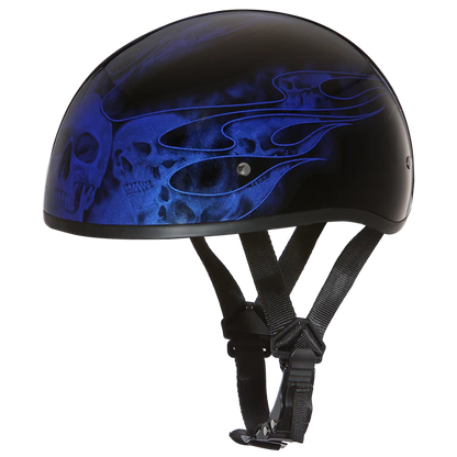 D6-SFB DOT Approved Daytona Motorcycle Half Face Helmet - Skull Cap Graphics for Men & Women, Scooters, ATVs, UTVs & Choppers - W/ Skull Flames Blue