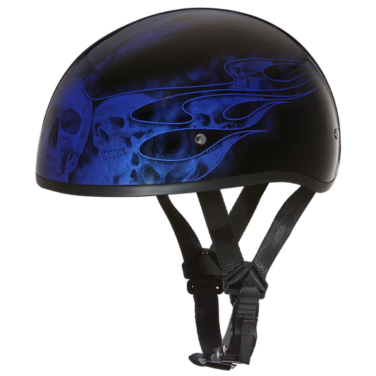 D6-SFB DOT Approved Daytona Motorcycle Half Face Helmet - Skull Cap Graphics for Men & Women, Scooters, ATVs, UTVs & Choppers - W/ Skull Flames Blue