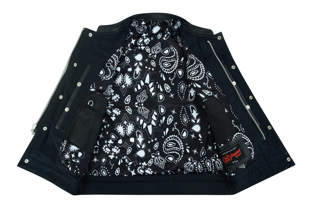 DS164 Men's Paisley Black Leather Motorcycle Vest with White Stitching