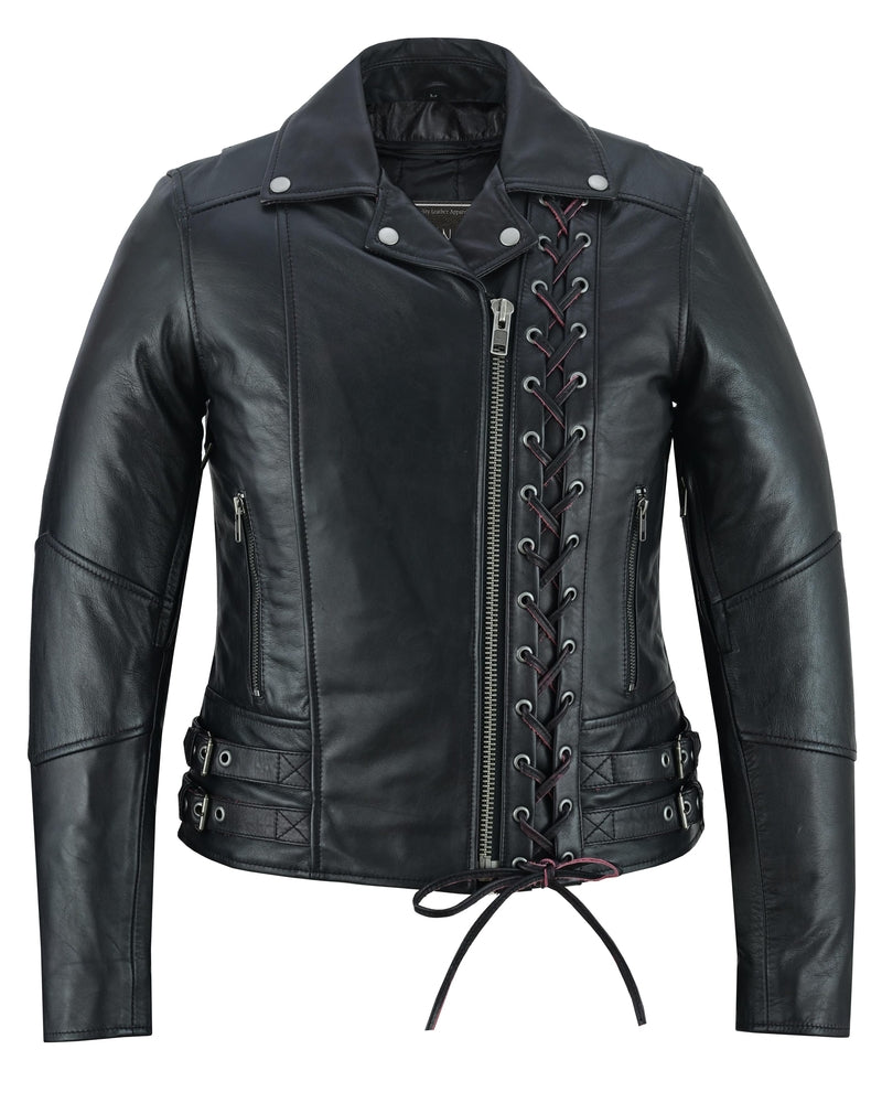 Black Pearl Women's Fashion Leather Jacket with Front Lace Accent