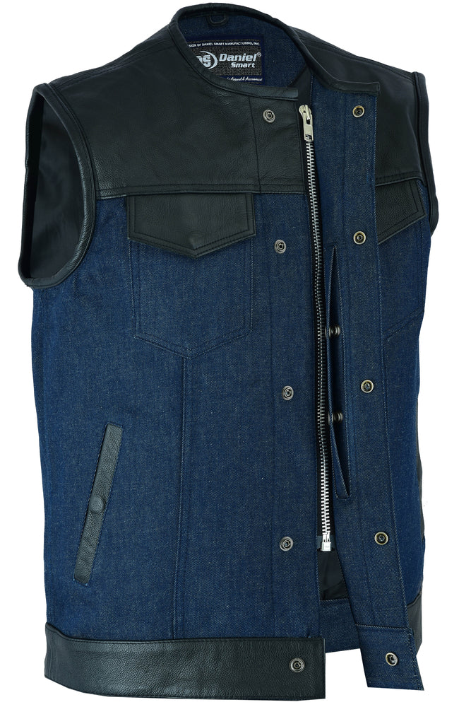 DM933 Men's Leather/Denim Combo Vest (Black/Broken Blue)