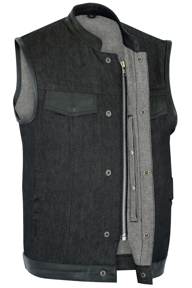 DM962 Men's Rough Rub-Off Raw Finish Denim Vest W/Leather Trim - Scoop Collar