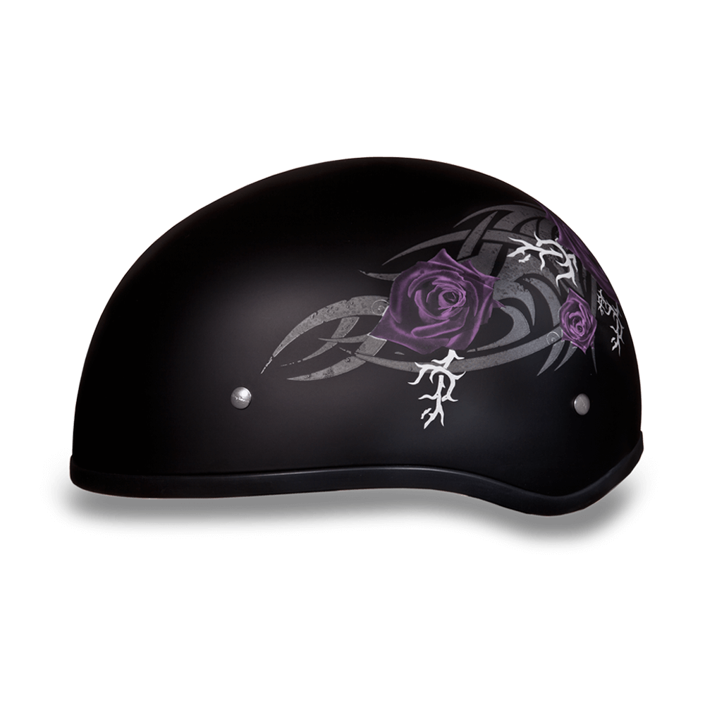 D6-PR DOT Approved Daytona Motorcycle Half Face Helmet - Skull Cap Graphics for Men & Women, Scooters, ATVs, UTVs & Choppers - W/ Purple Rose