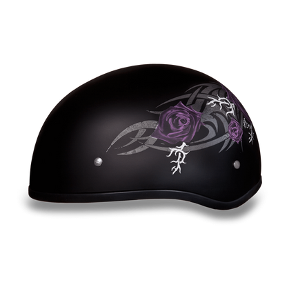 D6-PR DOT Approved Daytona Motorcycle Half Face Helmet - Skull Cap Graphics for Men & Women, Scooters, ATVs, UTVs & Choppers - W/ Purple Rose