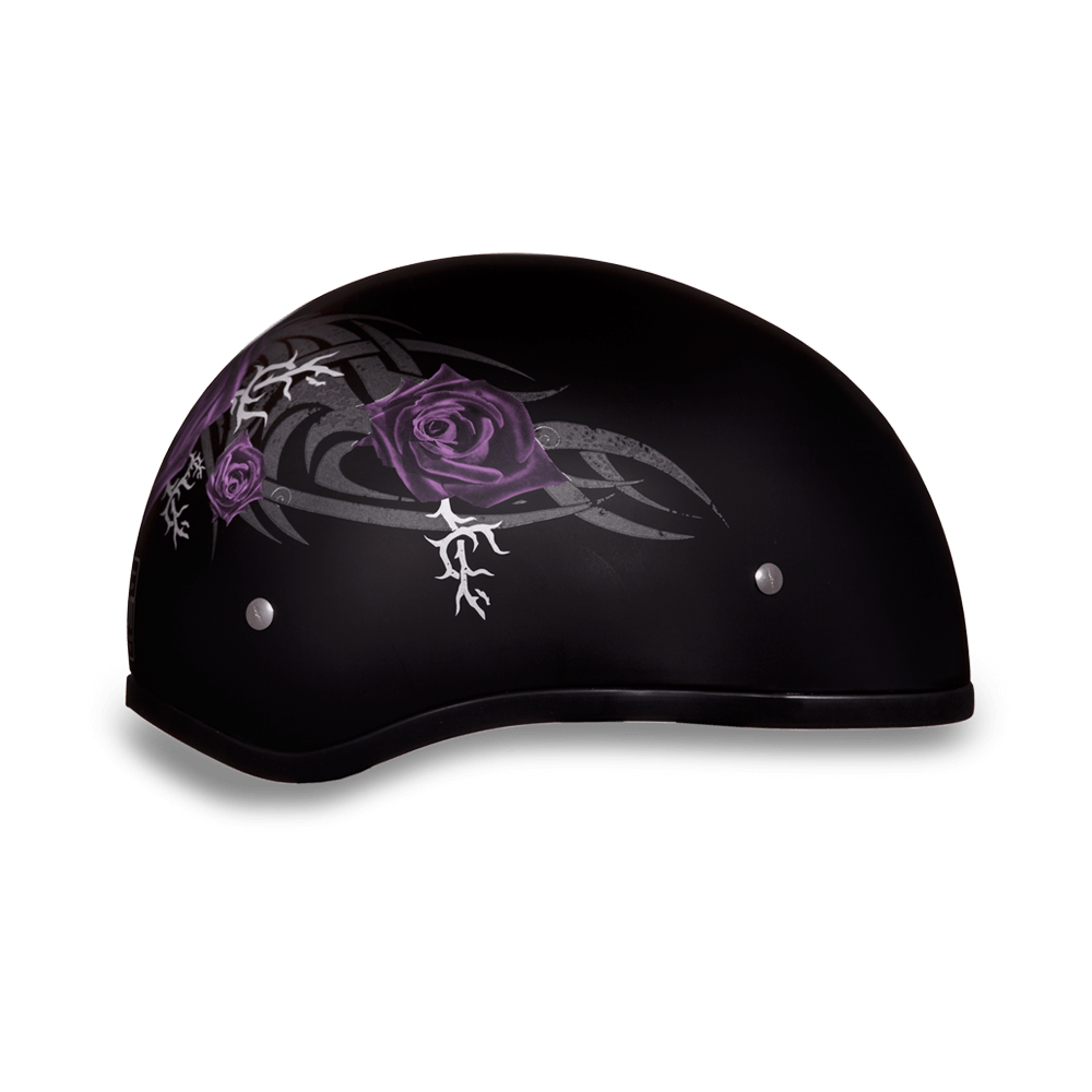 D6-PR DOT Approved Daytona Motorcycle Half Face Helmet - Skull Cap Graphics for Men & Women, Scooters, ATVs, UTVs & Choppers - W/ Purple Rose