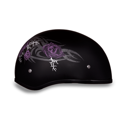 D6-PR DOT Approved Daytona Motorcycle Half Face Helmet - Skull Cap Graphics for Men & Women, Scooters, ATVs, UTVs & Choppers - W/ Purple Rose