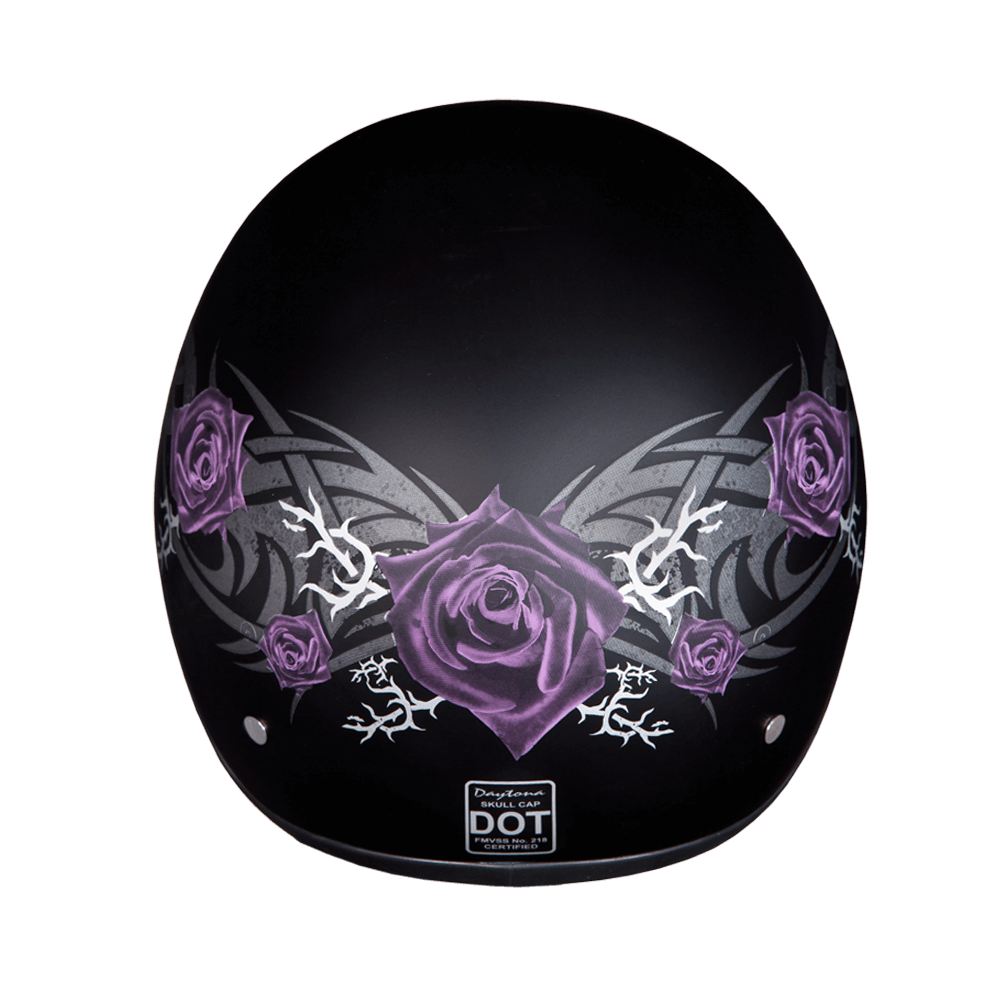 D6-PR DOT Approved Daytona Motorcycle Half Face Helmet - Skull Cap Graphics for Men & Women, Scooters, ATVs, UTVs & Choppers - W/ Purple Rose